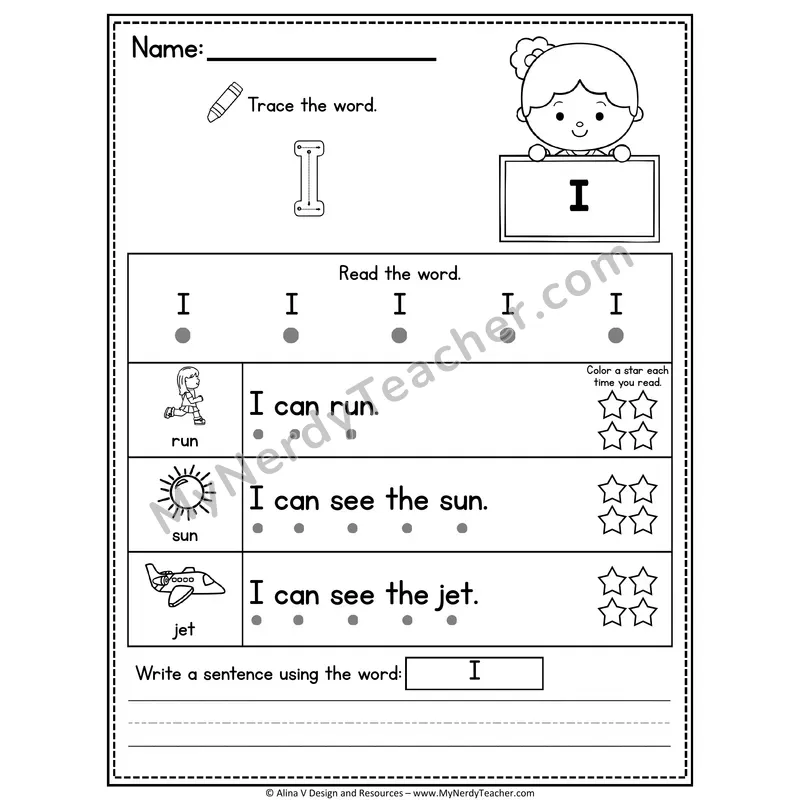 Pre-K Sight Word Worksheet — I (Trace, Read & Write)