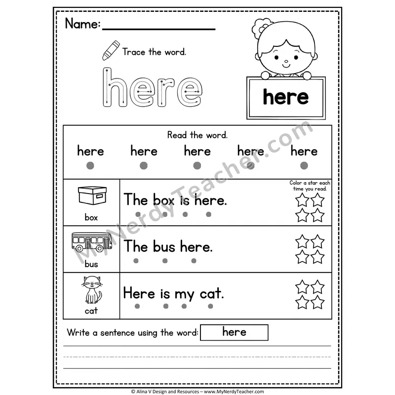 Pre-K Sight Word Worksheet — Here (Trace, Read & Write)