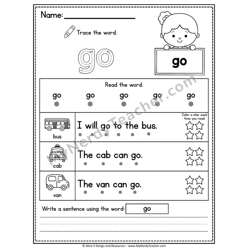 Pre-K Sight Word Worksheet — Go (Trace, Read & Write)
