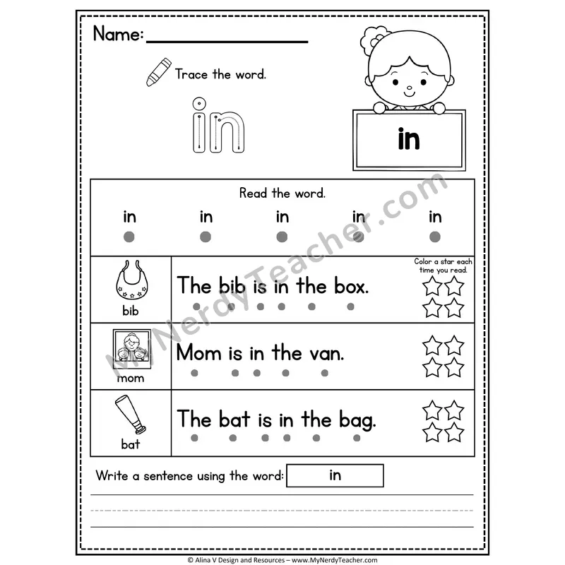 Pre-K Sight Word Worksheet — In (Trace, Read & Write)