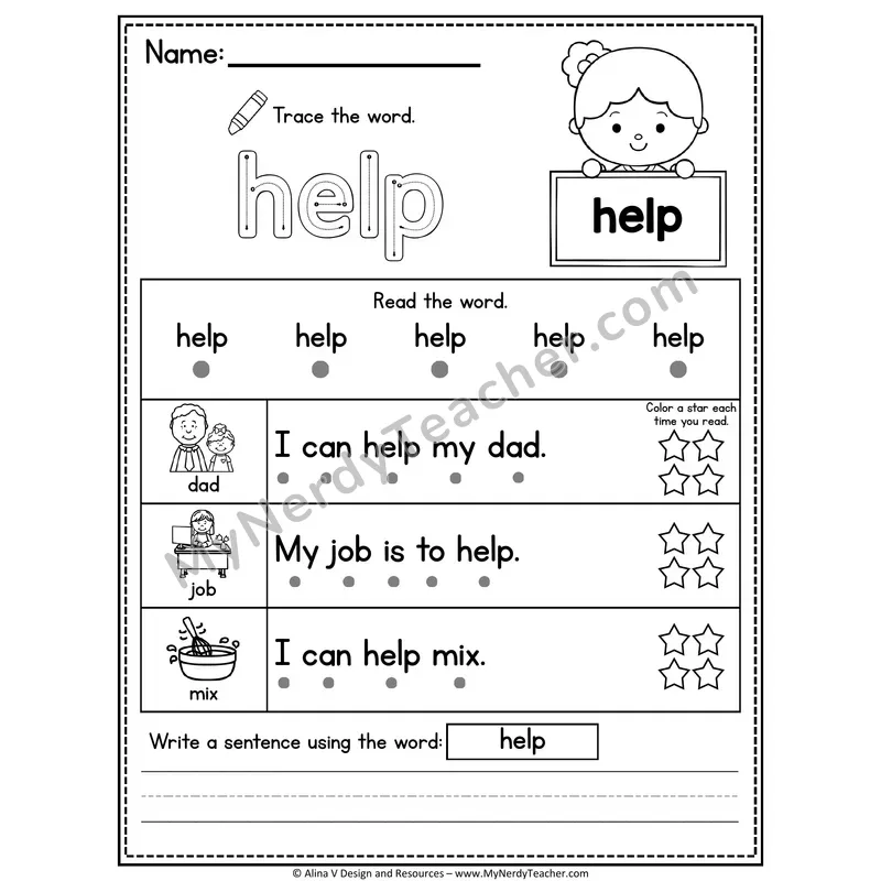 Pre-K Sight Word Worksheet — Help (Trace, Read & Write)