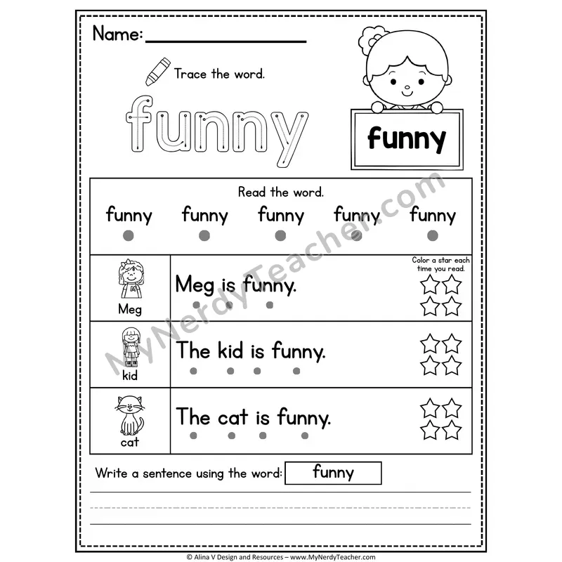 Pre-K Sight Word Worksheet — Funny (Trace, Read & Write)