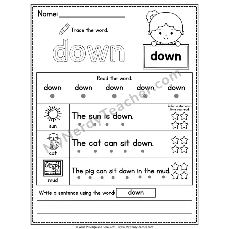 Pre-K Sight Word Worksheet — Down (Trace, Read & Write)