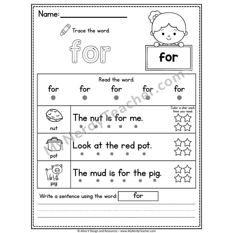 Pre-K Sight Word Worksheet — For (Trace, Read & Write)