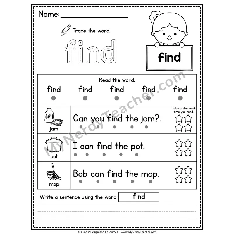 Pre-K Sight Word Worksheet — Find (Trace, Read & Write)
