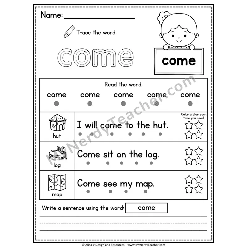 Pre-K Sight Word Worksheet — Come (Trace, Read & Write)