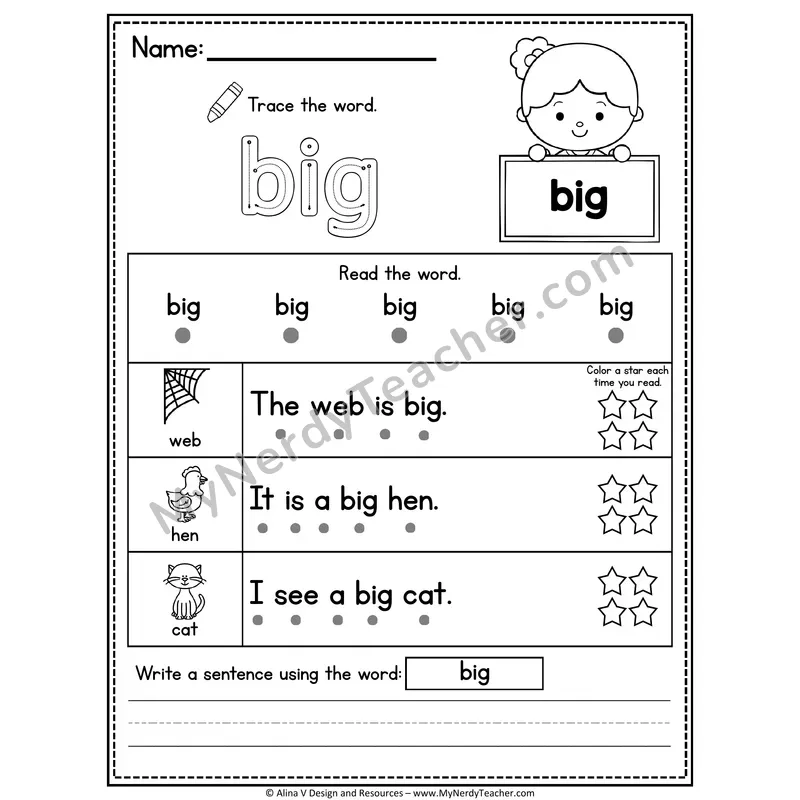 Pre-K Sight Word Worksheet — Big (Trace, Read & Write)