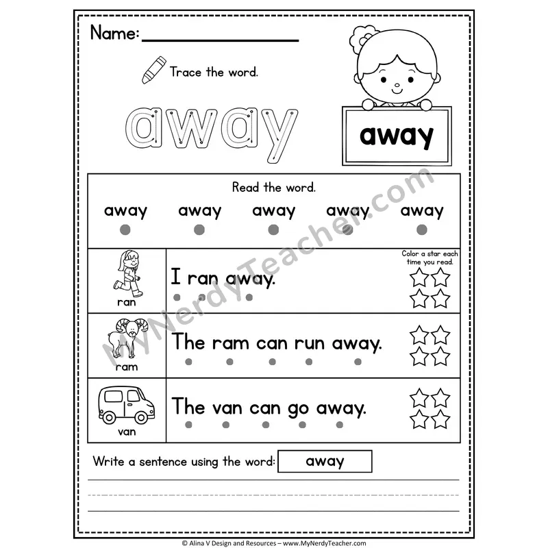 Pre-K Sight Word Worksheet — Away (Trace, Read & Write)