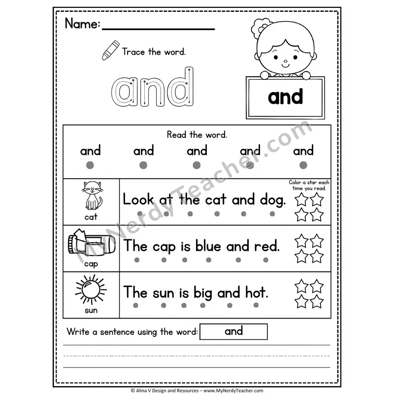 Pre-K Sight Word Worksheet — And (Trace, Read & Write)