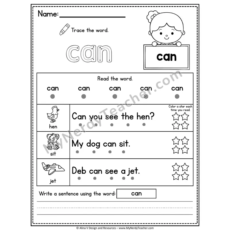 Pre-K Sight Word Worksheet — Can (Trace, Read & Write)