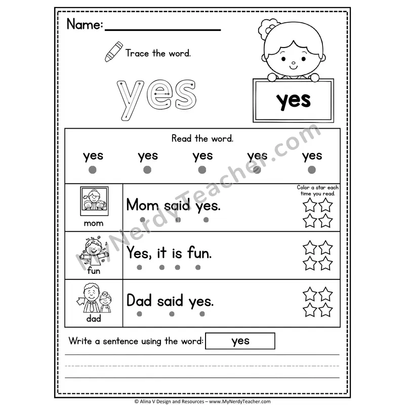 Kindergarten Sight Word Worksheet — Yes (Trace, Read & Write)
