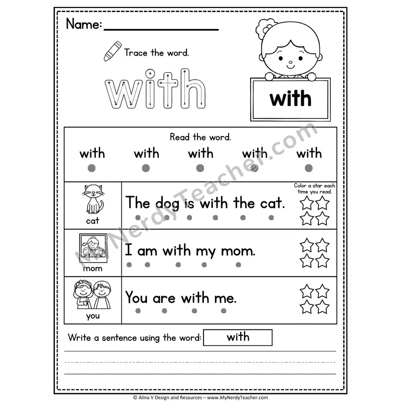 Kindergarten Sight Word Worksheet — With (Trace, Read & Write)