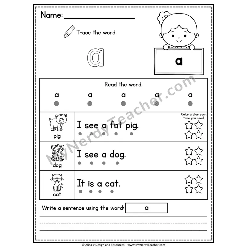 Pre-K Sight Word Worksheet — A (Trace, Read & Write)
