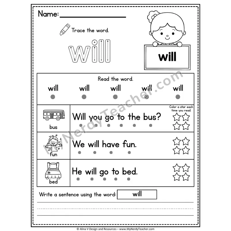 Kindergarten Sight Word Worksheet — Will (Trace, Read & Write)