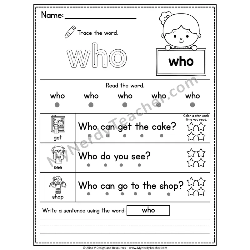 Kindergarten Sight Word Worksheet — Who (Trace, Read & Write)