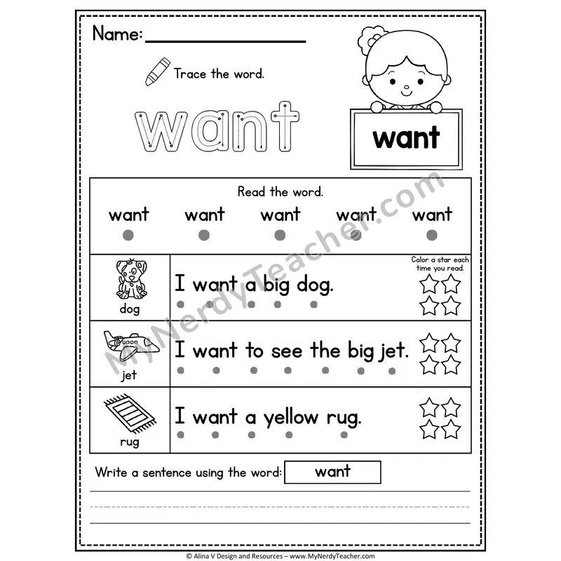 Kindergarten Sight Word Worksheet — Want (Trace, Read & Write)