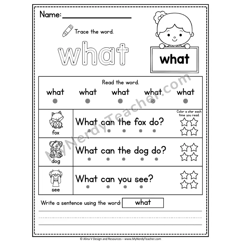 Kindergarten Sight Word Worksheet — What (Trace, Read & Write)