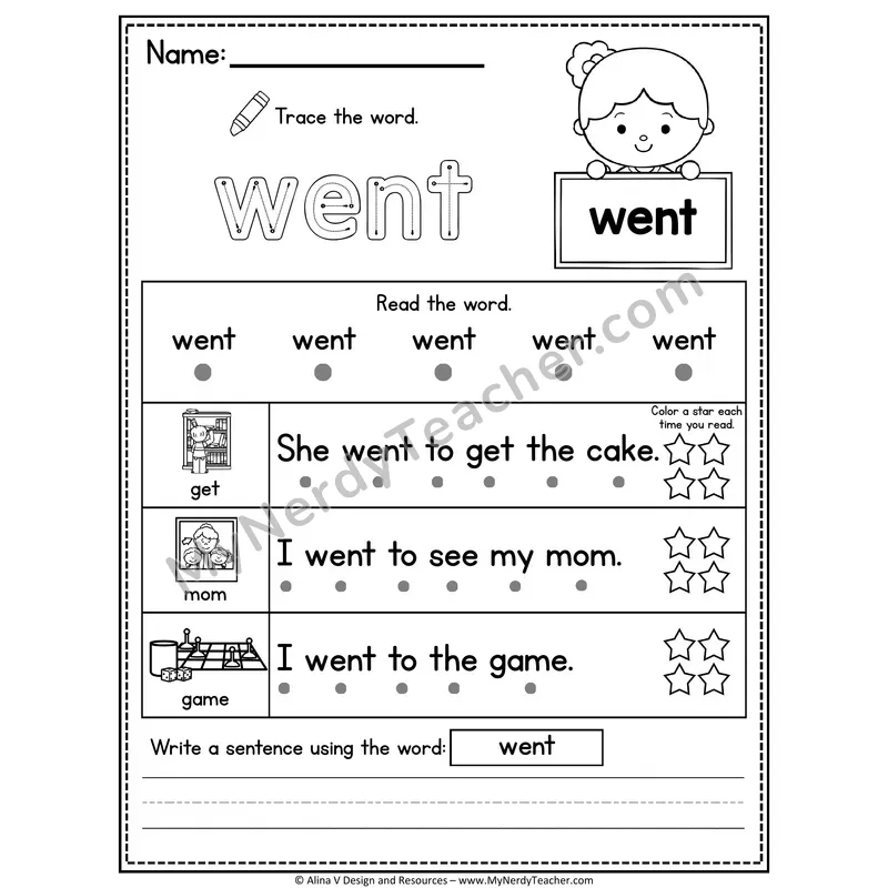 Kindergarten Sight Word Worksheet — Went (Trace, Read & Write)