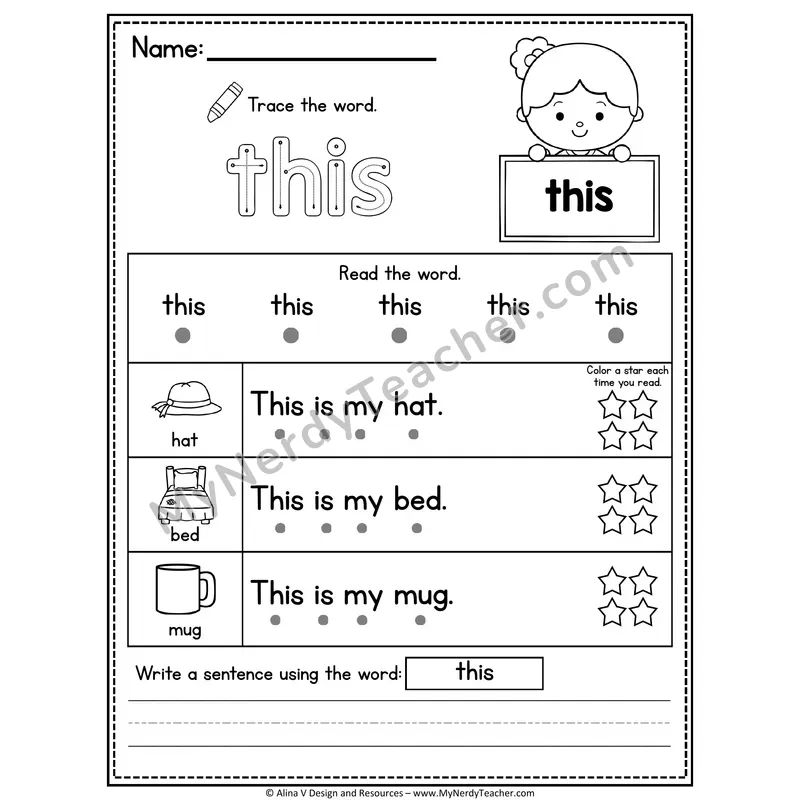 Kindergarten Sight Word Worksheet — This (Trace, Read & Write)