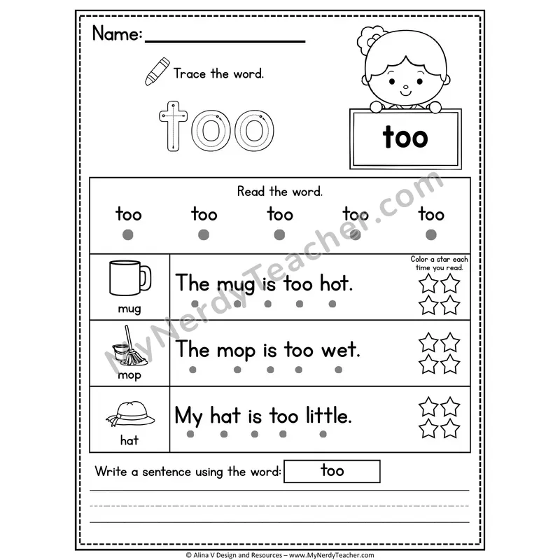 Kindergarten Sight Word Worksheet — Too (Trace, Read & Write)