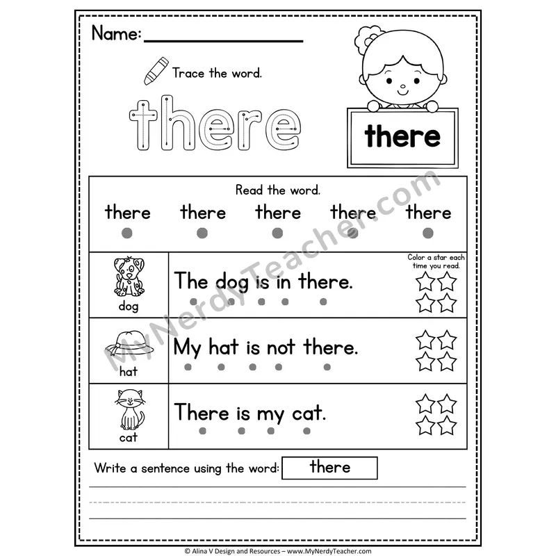 Kindergarten Sight Word Worksheet — There (Trace, Read & Write)