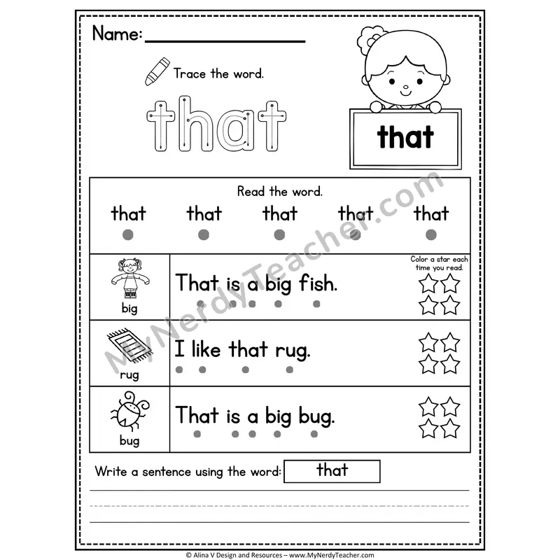 Kindergarten Sight Word Worksheet — That (Trace, Read & Write)