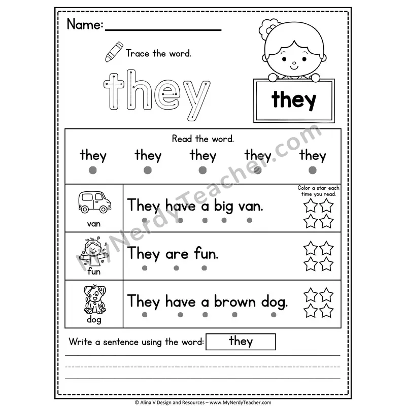 Kindergarten Sight Word Worksheet — They (Trace, Read & Write)