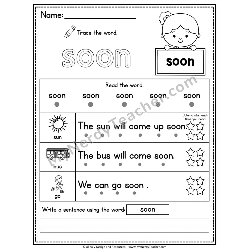 Kindergarten Sight Word Worksheet — Soon (Trace, Read & Write)