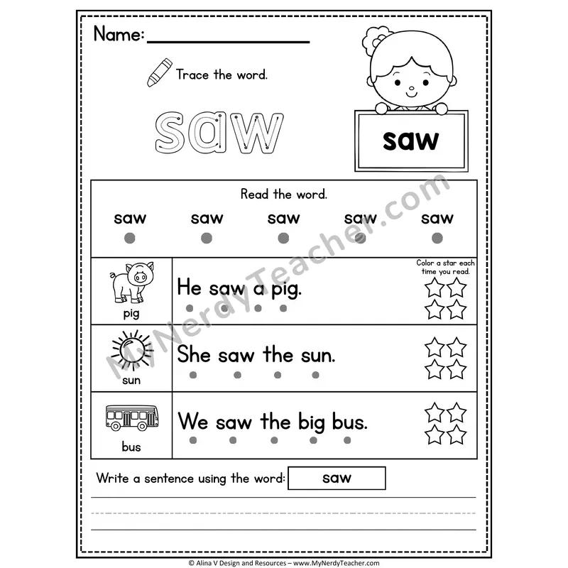 Kindergarten Sight Word Worksheet — Saw (Trace, Read & Write)