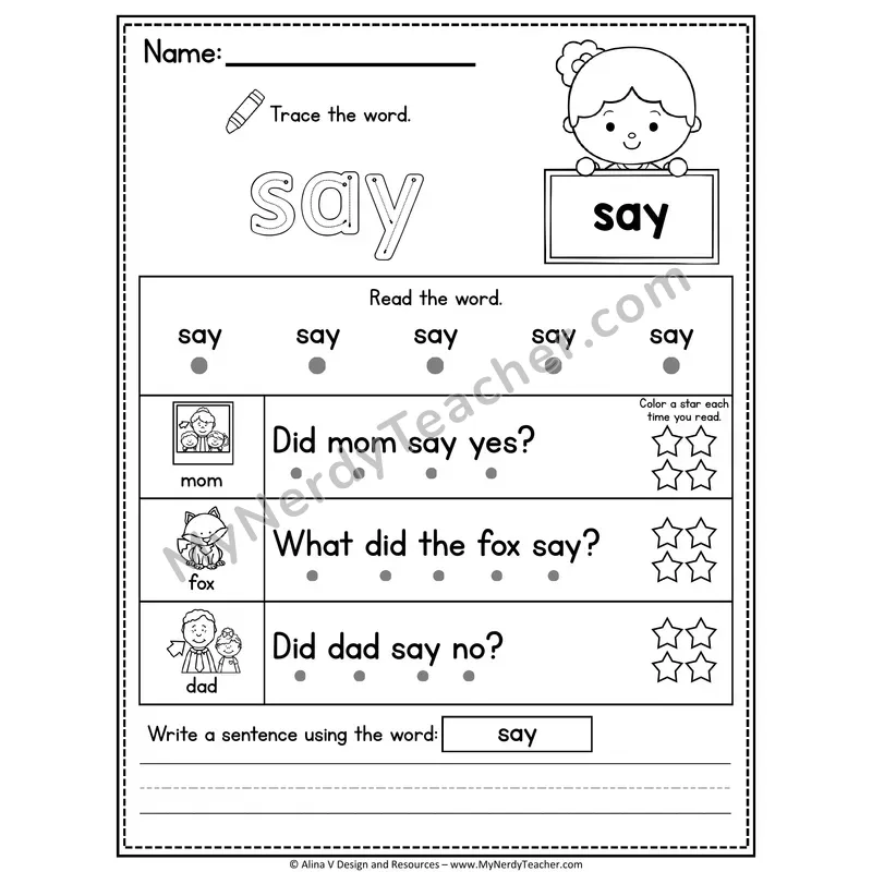 Kindergarten Sight Word Worksheet — Say (Trace, Read & Write)