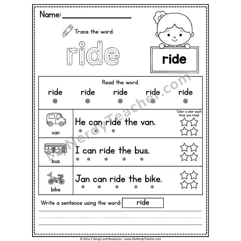 Kindergarten Sight Word Worksheet — Ride (Trace, Read & Write)