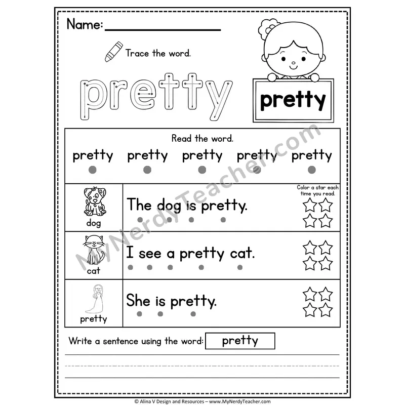 Kindergarten Sight Word Worksheet — Pretty (Trace, Read & Write)
