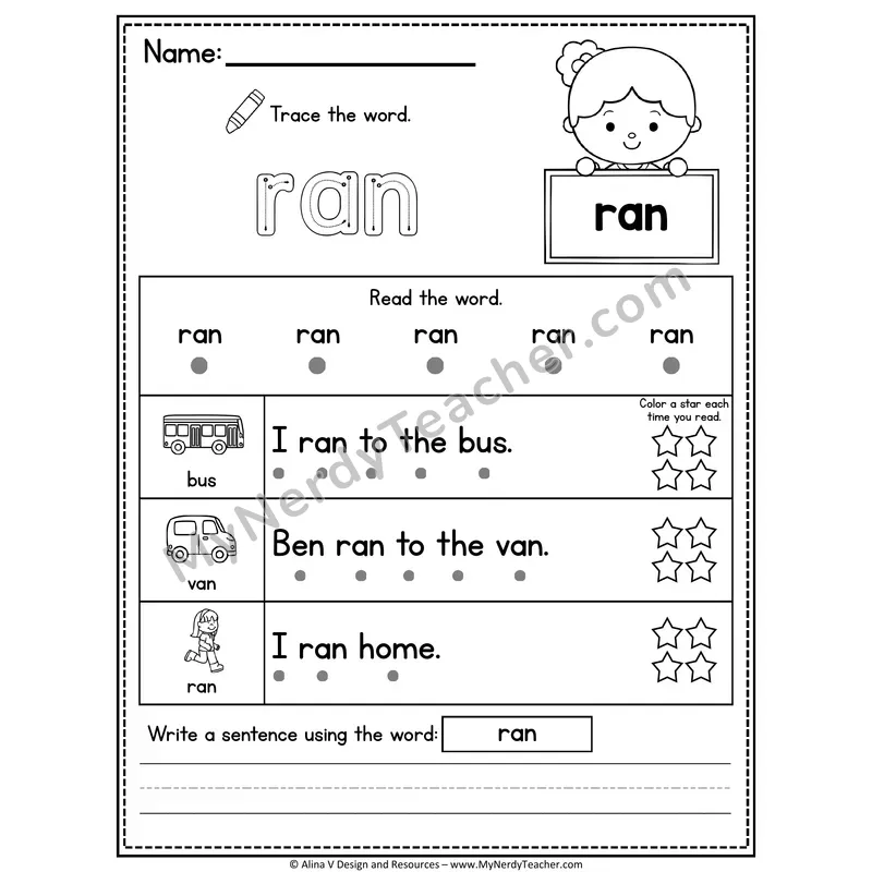 Kindergarten Sight Word Worksheet — Ran (Trace, Read & Write)