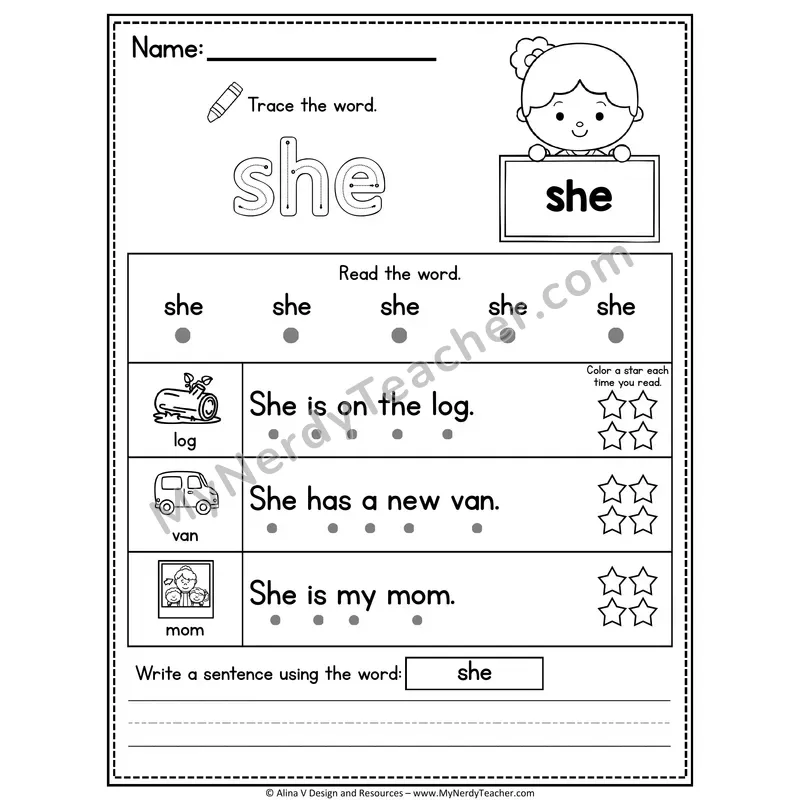 Kindergarten Sight Word Worksheet — She (Trace, Read & Write)