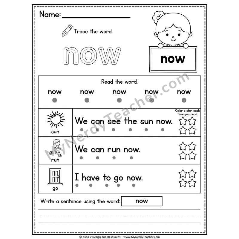 Kindergarten Sight Word Worksheet — Now (Trace, Read & Write)