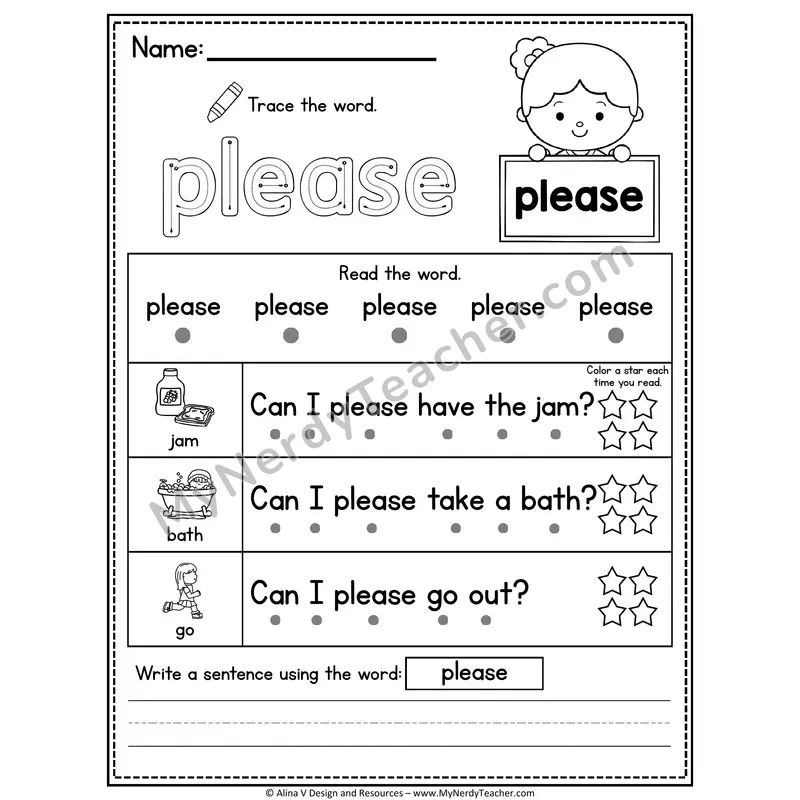 Kindergarten Sight Word Worksheet — Please (Trace, Read & Write)