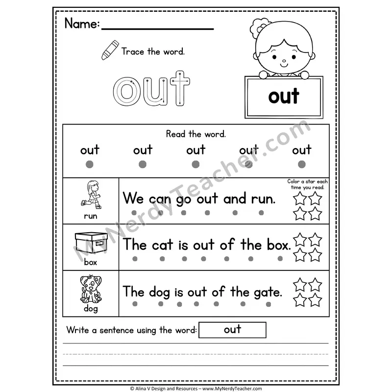 Kindergarten Sight Word Worksheet — Out (Trace, Read & Write)