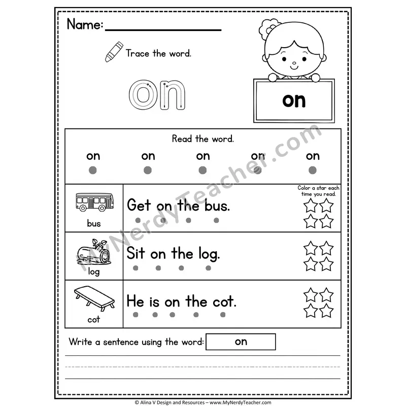 Kindergarten Sight Word Worksheet — On (Trace, Read & Write)
