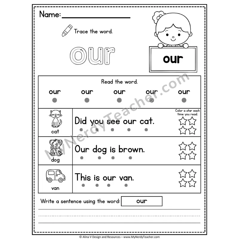 Kindergarten Sight Word Worksheet — Our (Trace, Read & Write)