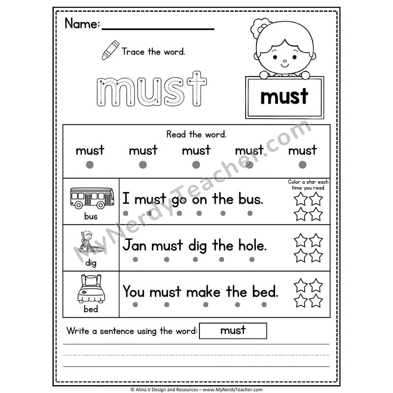 Kindergarten Sight Word Worksheet — Must (Trace, Read & Write)