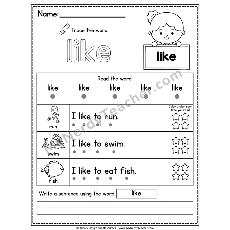 Kindergarten Sight Word Worksheet — Like (Trace, Read & Write)