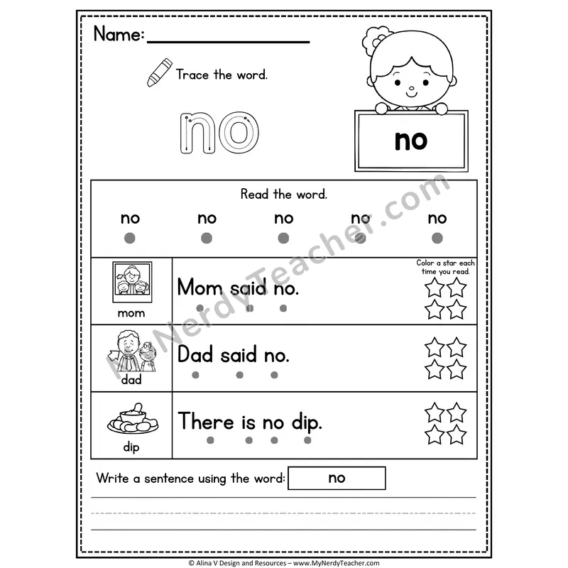 Kindergarten Sight Word Worksheet — No (Trace, Read & Write)