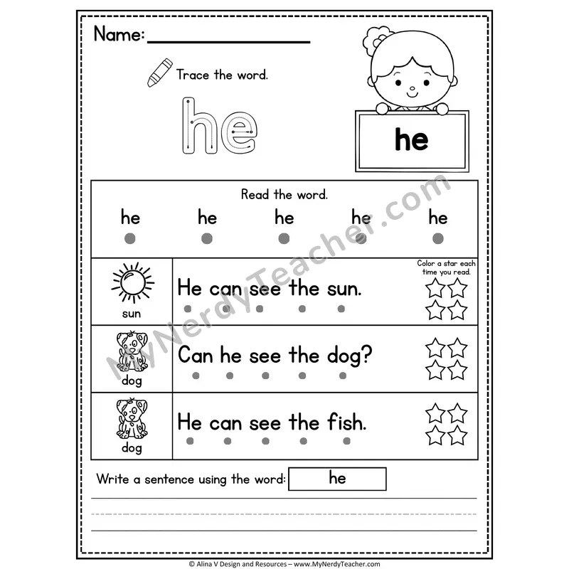 Kindergarten Sight Word Worksheet — He (Trace, Read & Write)