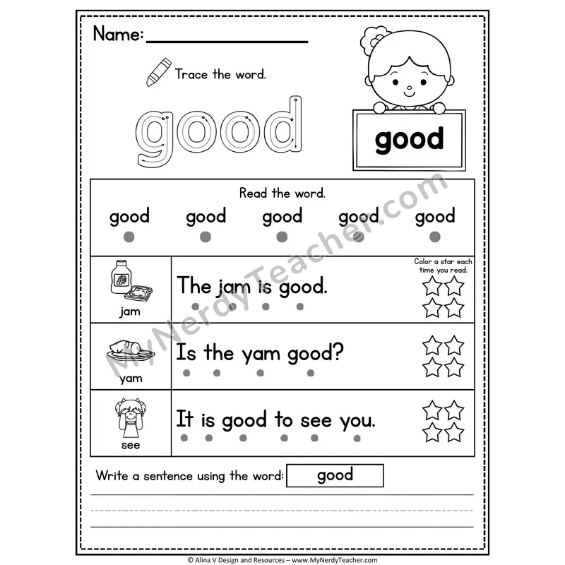 Kindergarten Sight Word Worksheet — Good (Trace, Read & Write)
