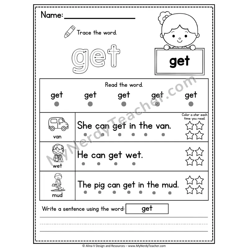 Kindergarten Sight Word Worksheet — Get (Trace, Read & Write)