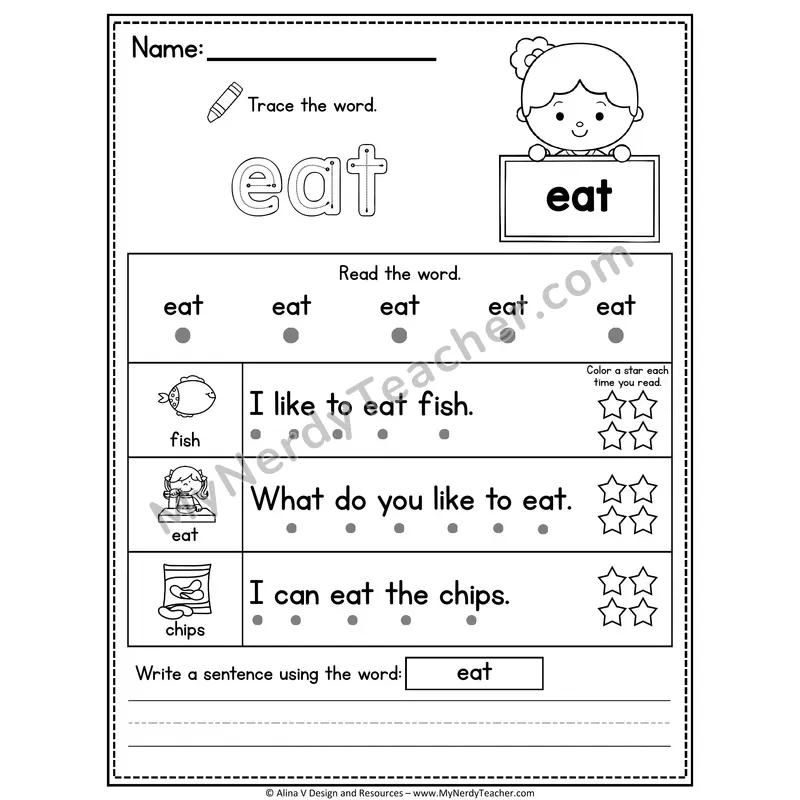Kindergarten Sight Word Worksheet — Eat (Trace, Read & Write)