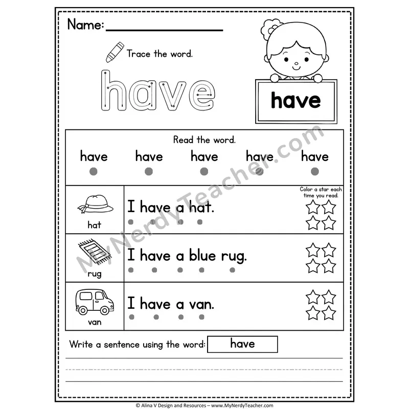 Kindergarten Sight Word Worksheet — Have (Trace, Read & Write)