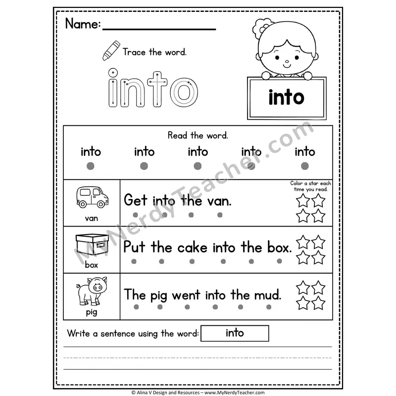 Kindergarten Sight Word Worksheet — Into (Trace, Read & Write)