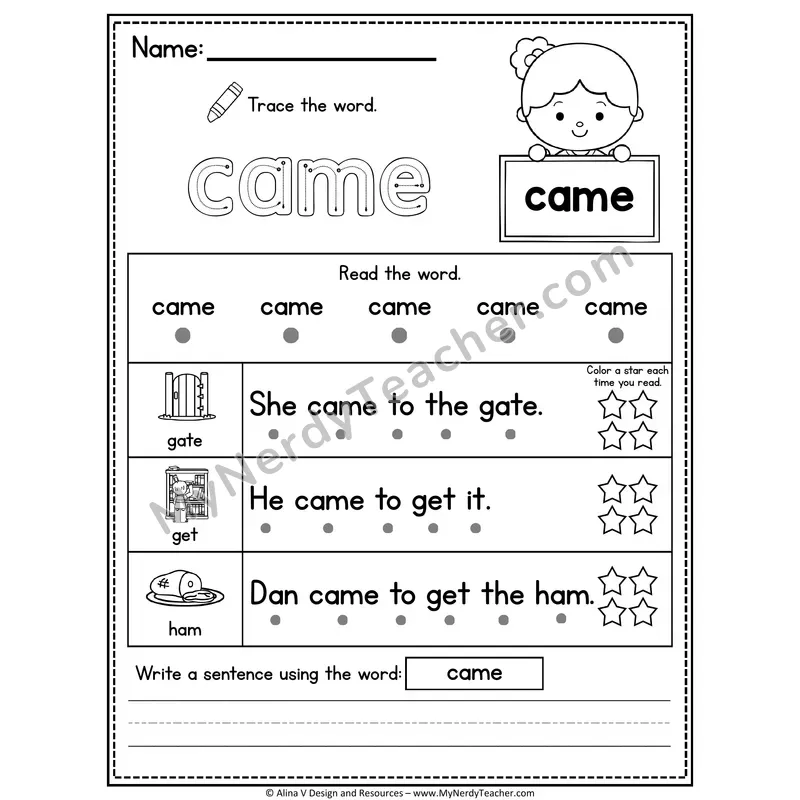 Kindergarten Sight Word Worksheet — Came (Trace, Read & Write)