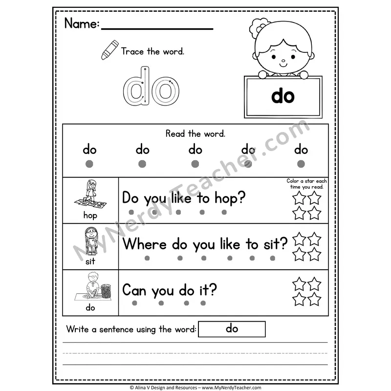 Kindergarten Sight Word Worksheet — Do (Trace, Read & Write)